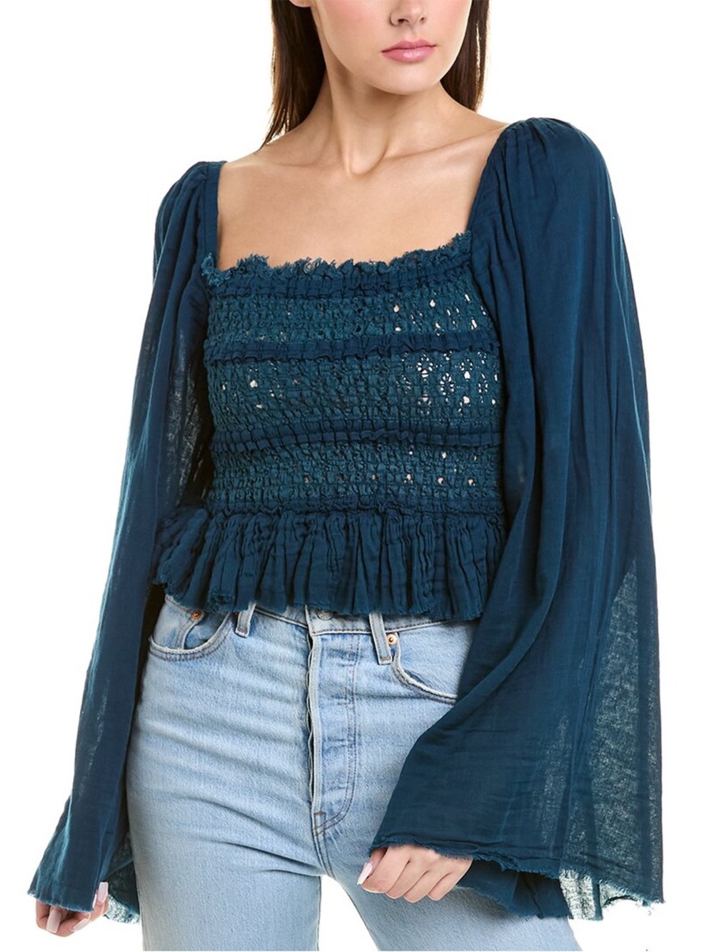 Free People Afton Smocked Peasant Top in Dark Teal Blue